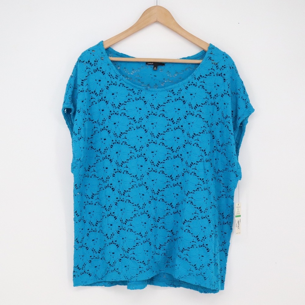 Chaus Top Womens L 133601 Cerulean Blue Lace Knit Cap Sleeve New